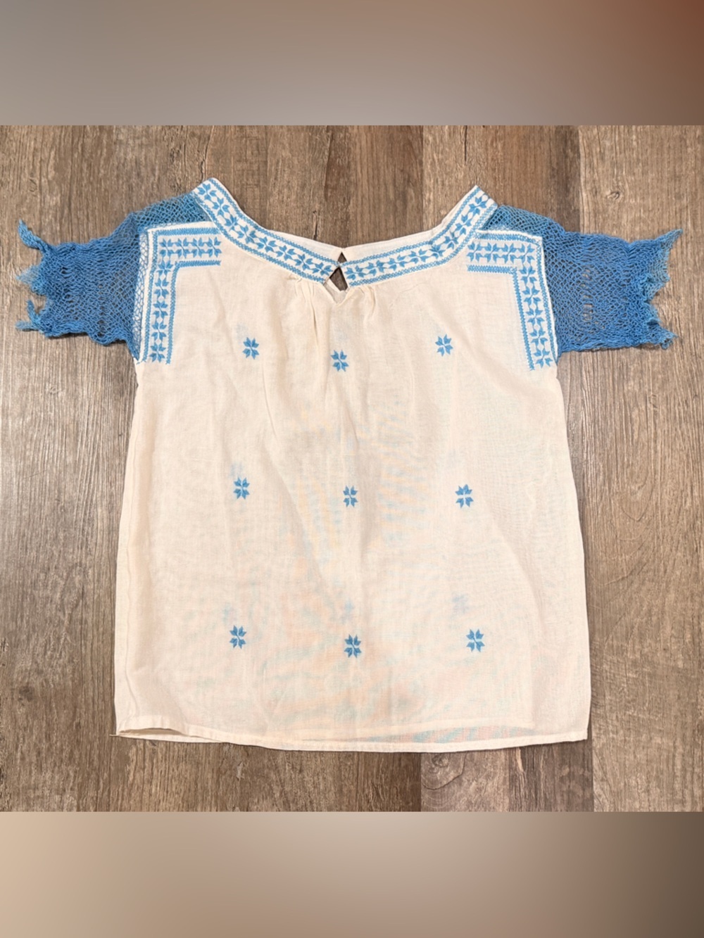 Vintage Embroidered White Cotton Top with Sky Blue Accents